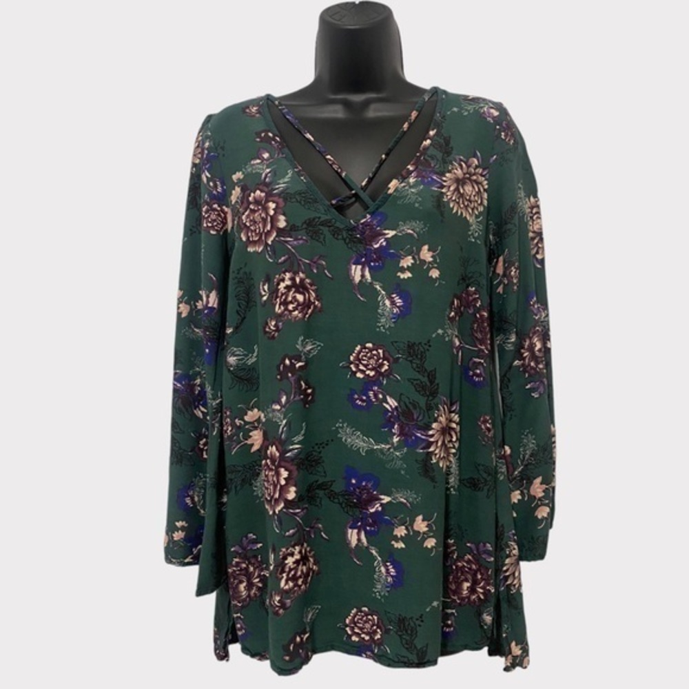 Free People Green Heartbeat Floral Crisscross Bell Sleeve Tunic Top Size XS
